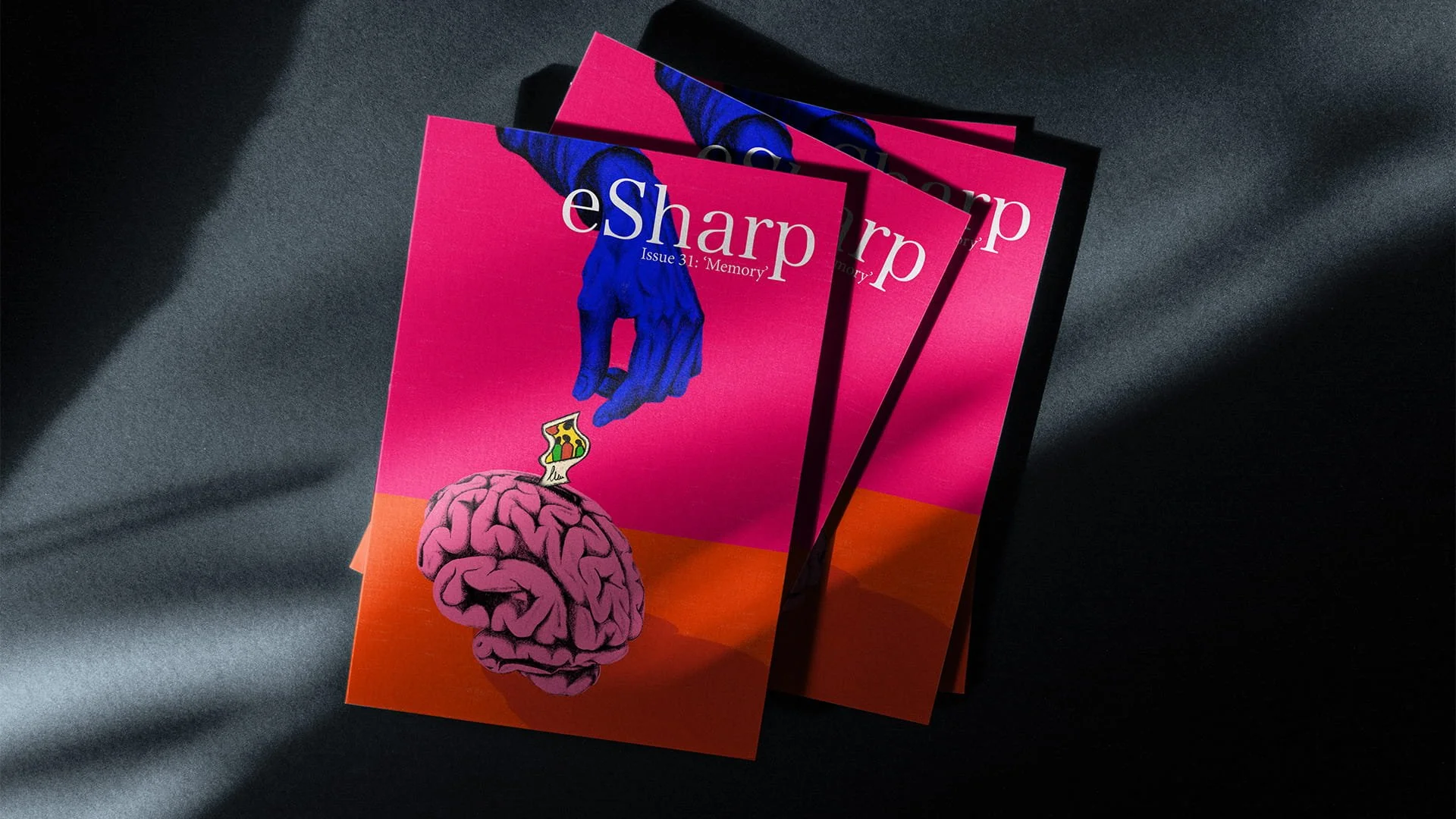 Colourful illustrated covers for eSharp Issue 31, Memory, University of Glasgow